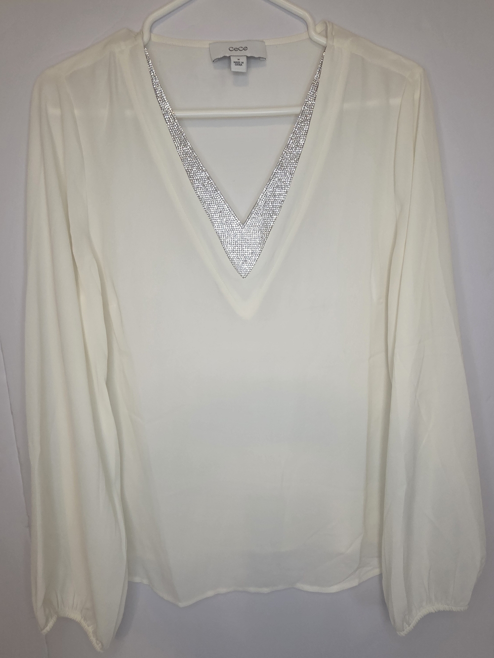 CeCe Ivory V-Neck Blouse with Rhinestone Trim Size M